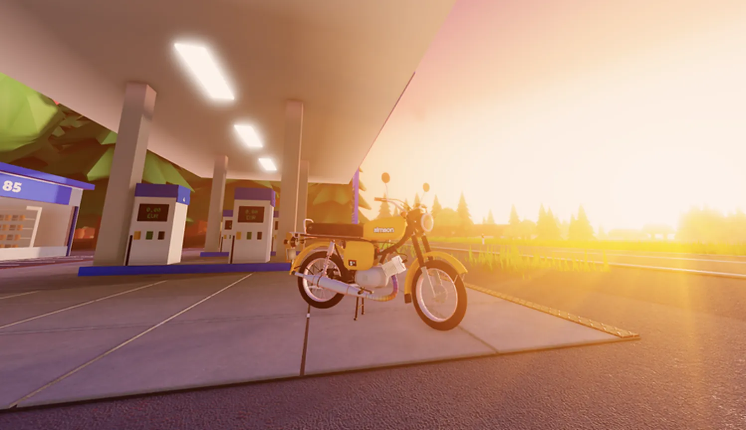 Official Roblox thumbnail: a yellow moped at a dusk fuel station